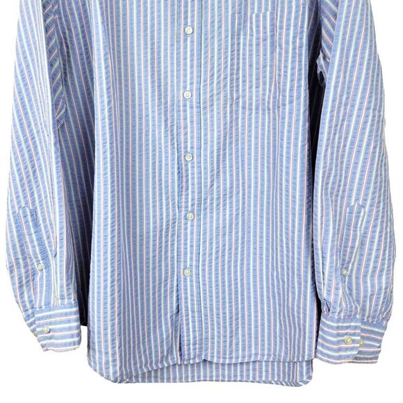 Lands' End Blue Stripes Crepe Textured Cotton Button Long Sleeves Shirt Size L - Picture 5 of 11